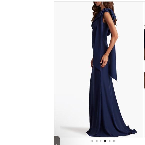 Tadashi Shoji One Shoulder Crepe Column NavyWedding Guest Gala Gown size 6 - Picture 3 of 13